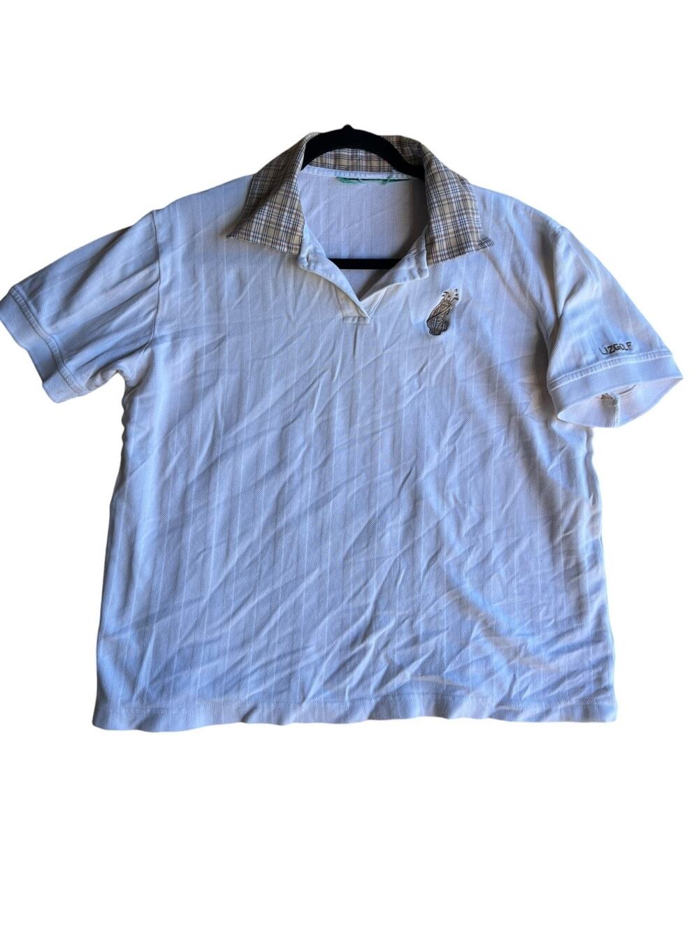 Liz Golf Women's Golf Polo Shirt Cream Size Large Embroidered Plaid Collar